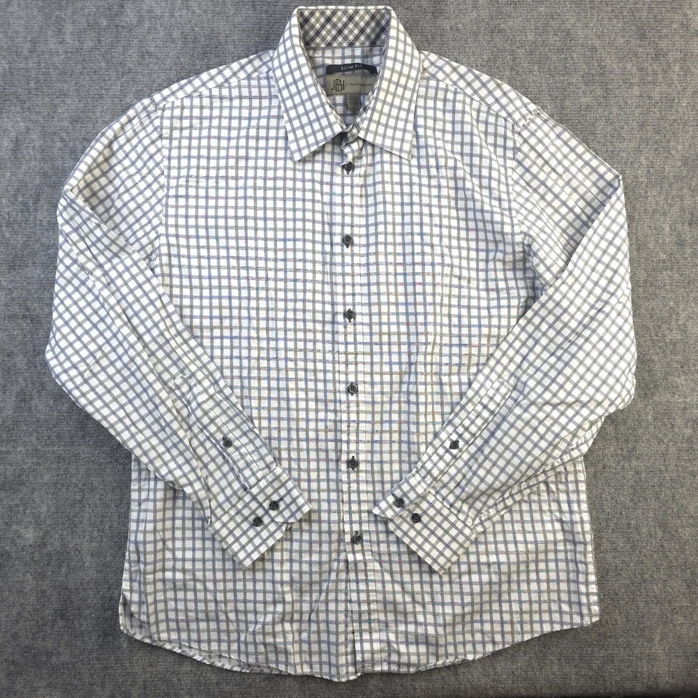 Jhane Barnes Shirt Large Slim Fit Gray Blue Check Long Sleeve Button Up‎